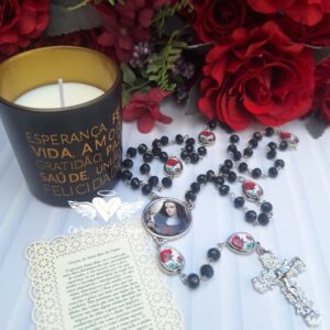 Kit Santa Rita de Cássia Terço + Vela Aromática Lavanda Mensagem Revelada + Oração Rendada