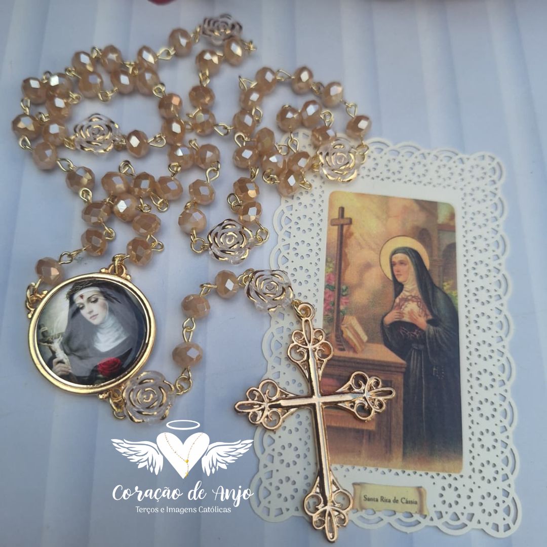 Kit Santa Rita de Cássia Terço + Vela Aromática + Oração Rendada - Imagem 2