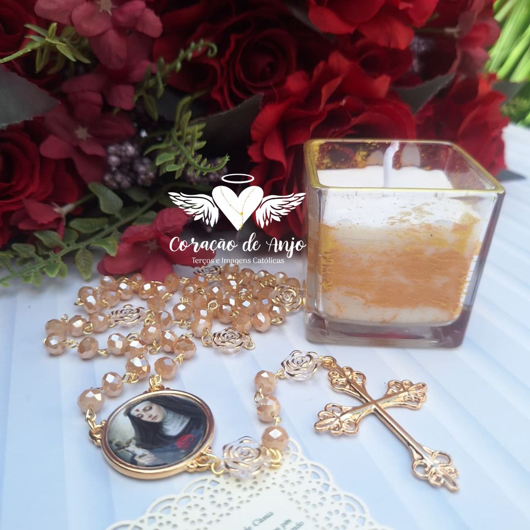 Kit Santa Rita de Cássia Terço + Vela Aromática + Oração Rendada - Imagem 3